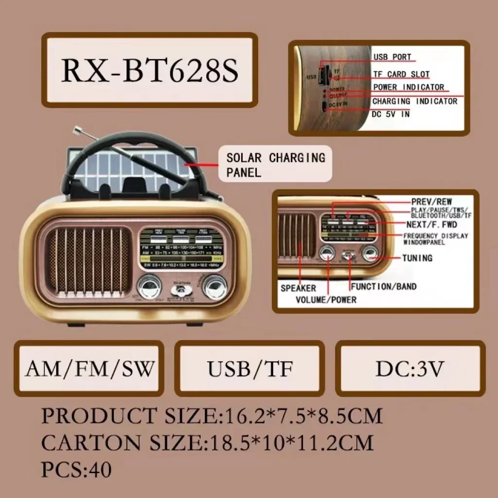 Imagem -02 - Alto-falante Bluetooth Madeira Vintage Rádio Casa fm am sw Rádio Portátil Painel Solar Recarregável Onda Curta Subwoofer