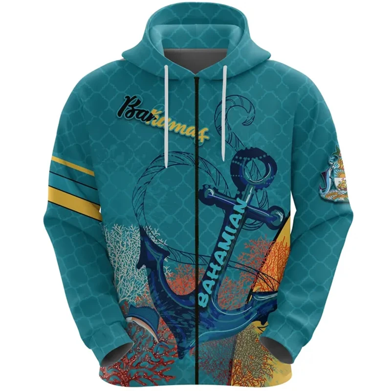 Bahamas Flag Graphic Zip Up Hoodies Spring Bahamian National Emblem 3D Print Men Women Hooded Sweatshirts Oversized Pullovers