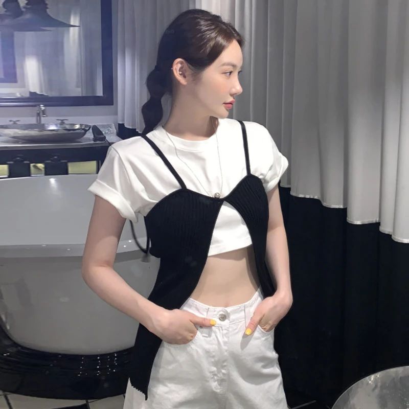 Coreano Chic Estate Nuovo Sle Colore puro ort T-shirt lavorata a maglia Cinturino diviso Gilet Set Faion da donna Casual Misto cotone Outfit