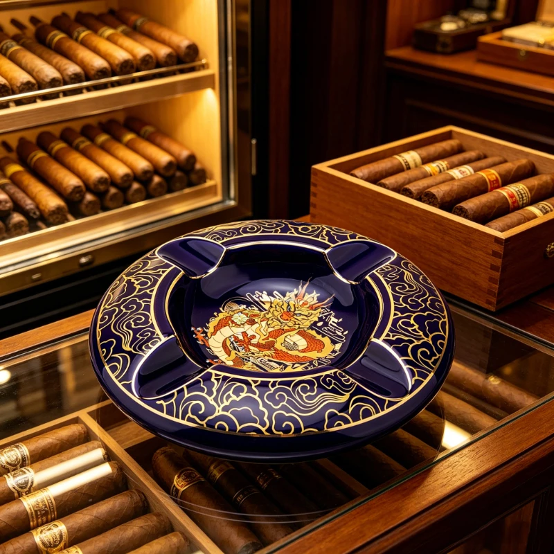 Creative Painted Ceramic 4-Slot Ashtray Blue Gold Cloud Dragon Design Premium Cigar Ash Tray Unique Gift