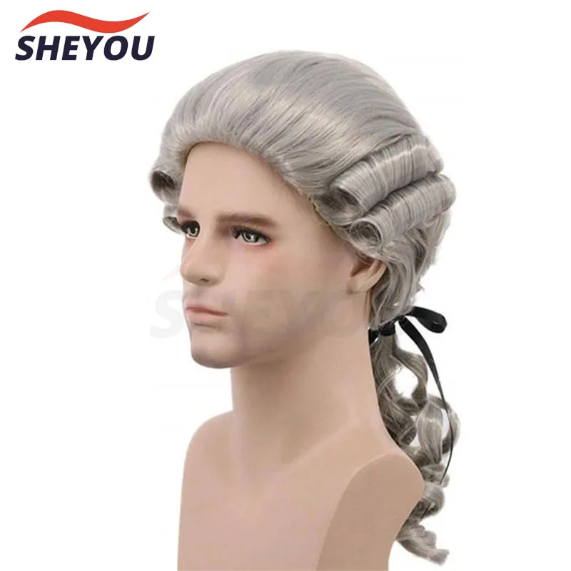 Grey White Black Lawyer Judge Baroque Curly Costume Wigs Deluxe Historical Halloween Long Synthetic Cosplay Wig + Wig  Cap