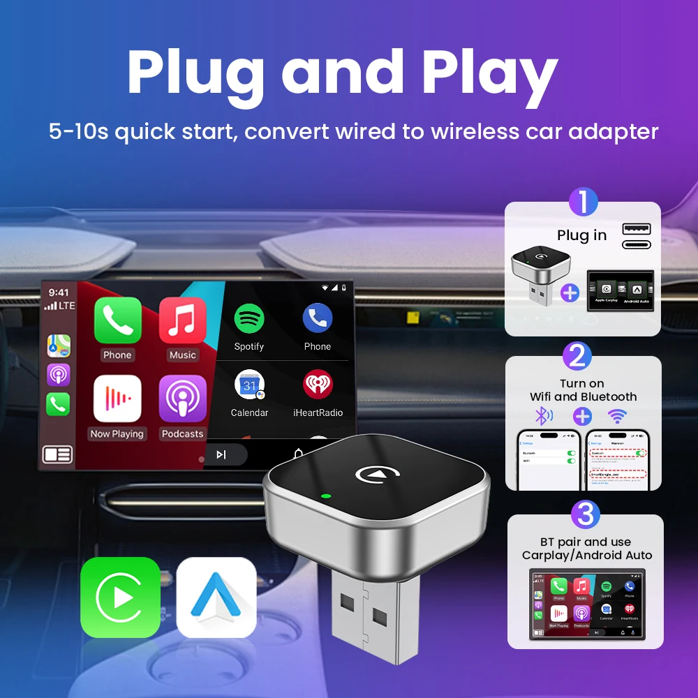 2026 Wireless CarPlay Android Auto Adapter USB Dongle Smart Mini Box Plug and Play 5G WIFI Bluetooth for 98% Wired Carplay Cars