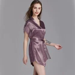 Women Sexy Lace Short Mini Robe Gowns Summer Sash Bathrobes Satin Ice Silk Loose Causal Sleepwear Bath Robes