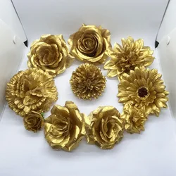 Gold Artificial Rose Silk Flower Heads Chrysanthemum Decorative Flowers for Wedding Home Party Banquet Decoration