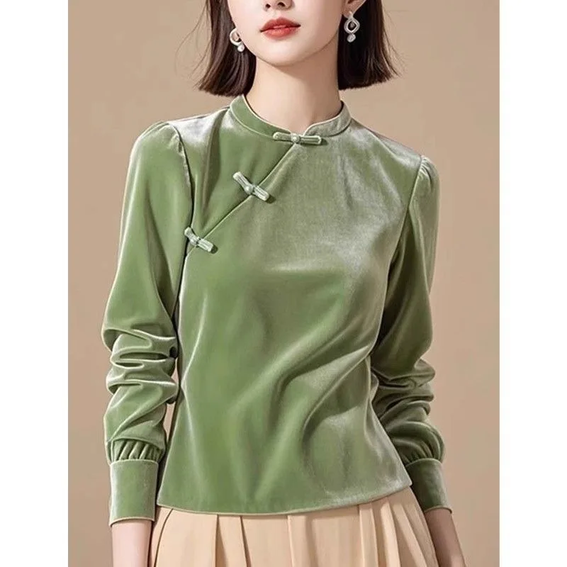 

Women's New Chinese Style Retro Loose Versatile Collar Button Green Velvet Shirt