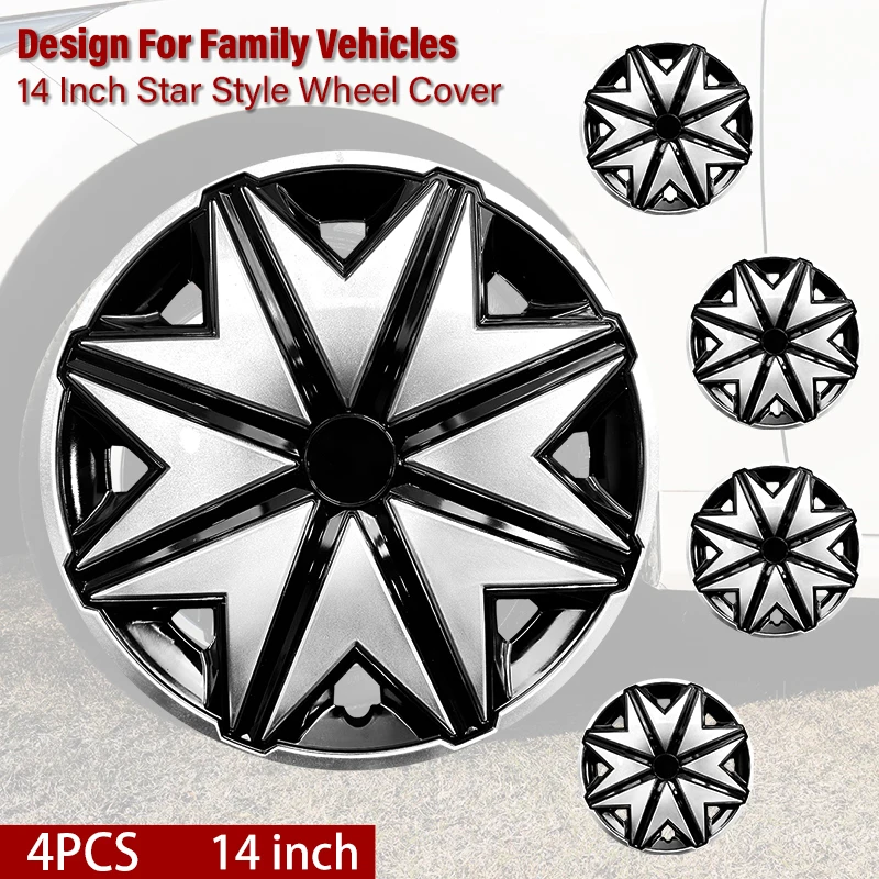 Universal 14 inch Starfish Hubcaps Black & Silver Wheel Covers for Cars Set of 4 Fits Honda, Volkswagen, Chevy, Mazda, Dodge