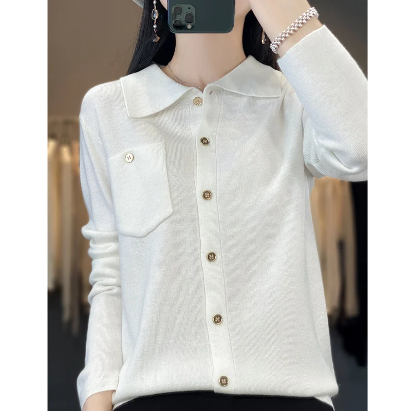 Women's Cardigan Spring Worsted Wool Knit Sweater Casual Pocket Shirt Loose Ladies Tops POLO Collar Single Breasted Jacket