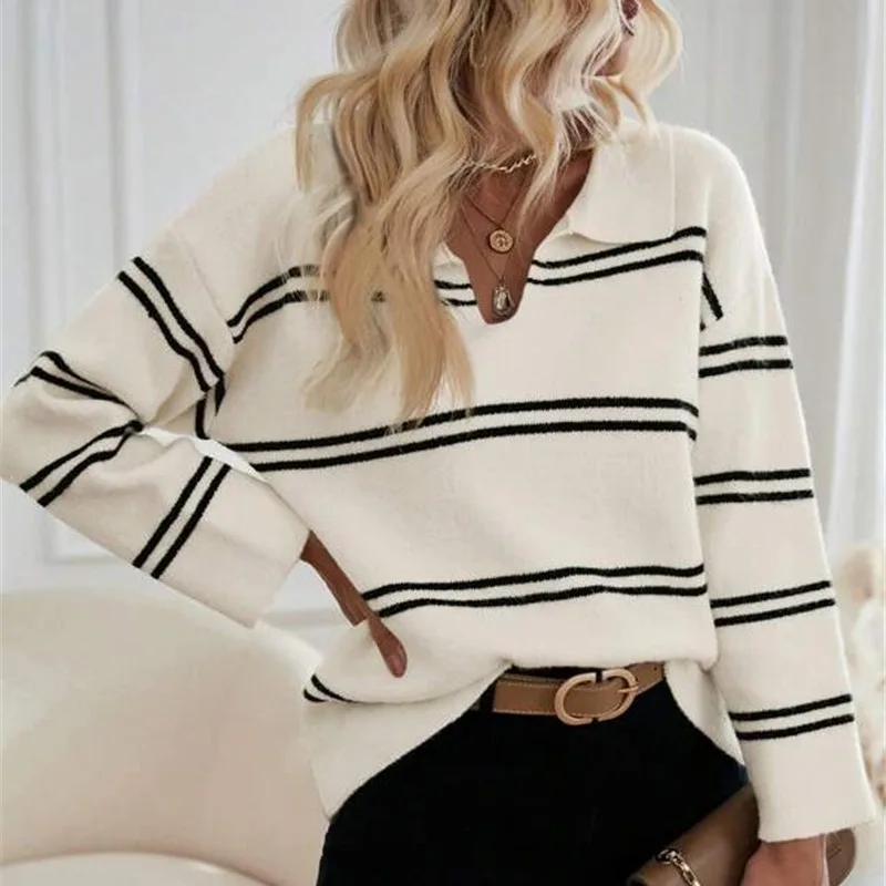 

European and American Autumn and Winter Loose V-neck Striped Contrasting Long Sleeved Top Pullover Polo Shirt Sweater