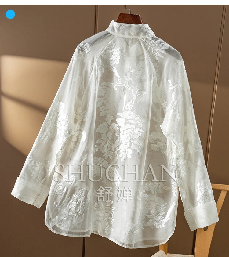 Light and Slightly Transparent Silk Organza Embroidered Sunshade Shirt Women Summer 2025 See Though
