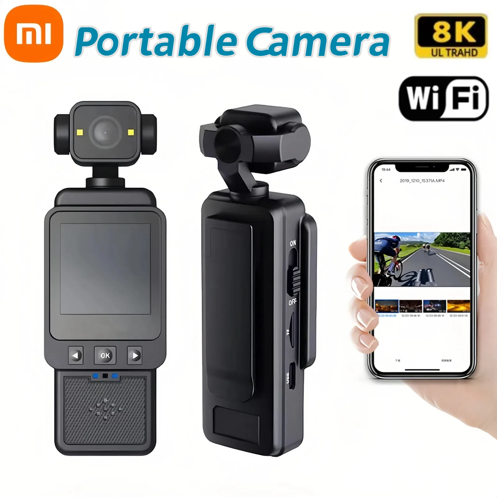 كاميرا رياضية محمولة Xiaomi 8K 180 °   كاميرا دوارة صغيرة محمولة مضادة للاهتزاز، شاشة عالية الدقة، كاميرا رؤية ليلية يمكن ارتداؤها بالواي فاي