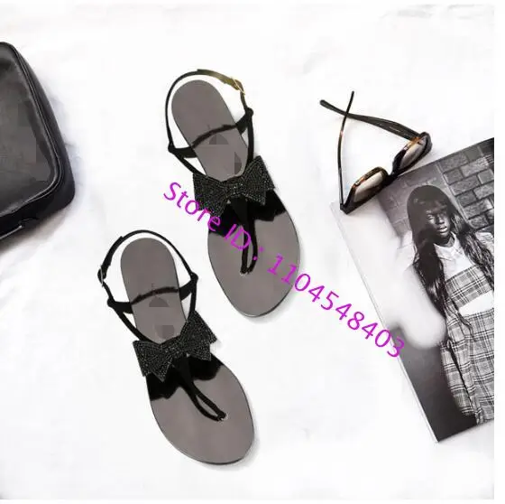 

Women Sandals Summer Women Flat Sandals Crystal Bow Knot Black T Strap Women Beach Non-Slip Flip Flops Holiday Beach Flat Sandal