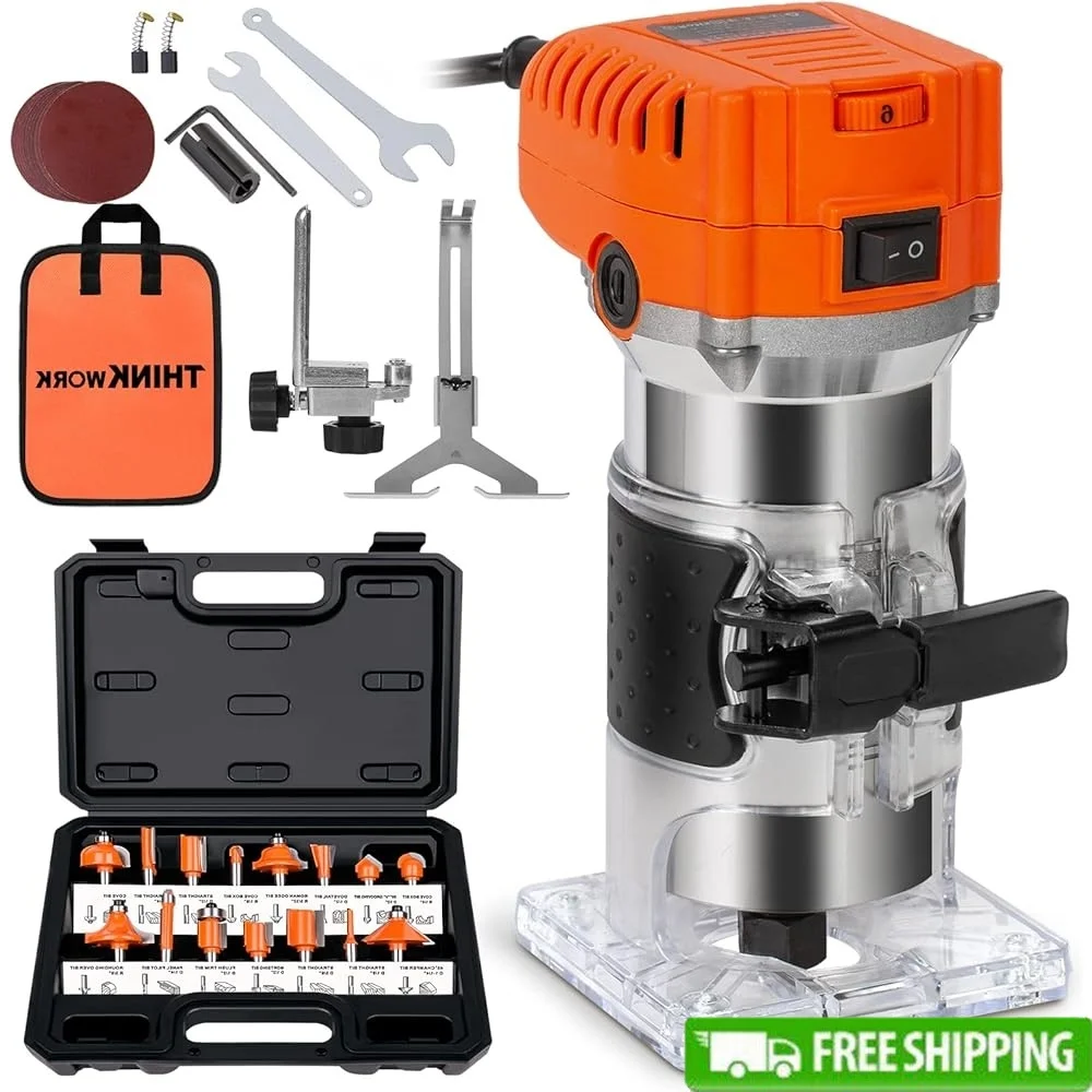 

Compact Router 6.5Amp 1.25HP Wood Palm Tool 6 Variable Speeds with 15pcs 1/4inch Router Bits Set Woodworking