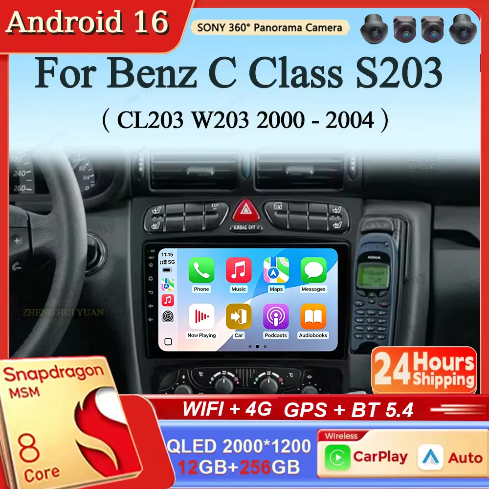 For Mercedes Benz C Class S203 CL203 W203 2000 - 2004 Android 16 Carplay Auto Car Radio Multimedia Video Player Navigation GPS