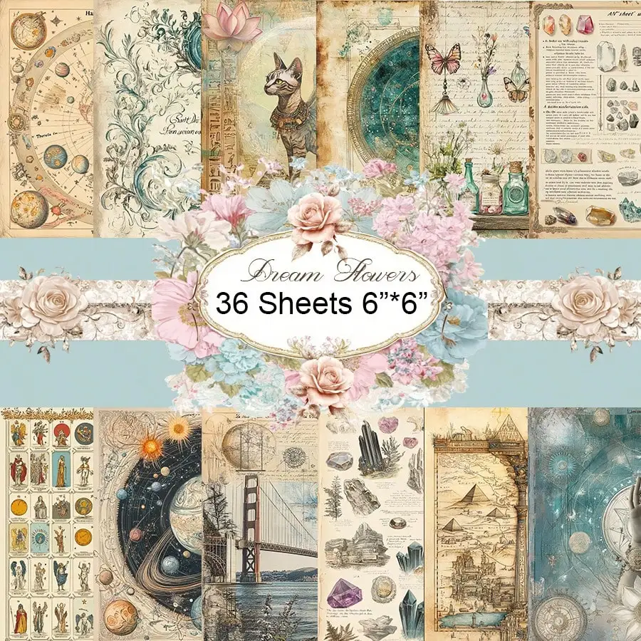 36 매 레트로 별이 빛나는 하늘 스크랩북 종이 팩, 편지지 빈티지 아트 공예 패턴 스크랩북 종이 (점프 저널 플래너용)