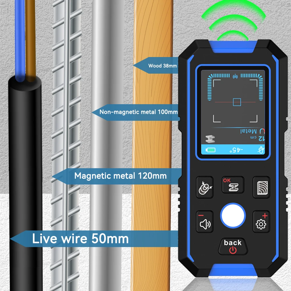 Imagem -05 - Backlit Detector de Metal Madeira Stud Finder Scanner de Parede Profundidade Rastreador Display Lcd hd Fios de Cabo Profundidade Rastreador Preto ac Noyafa-nf518