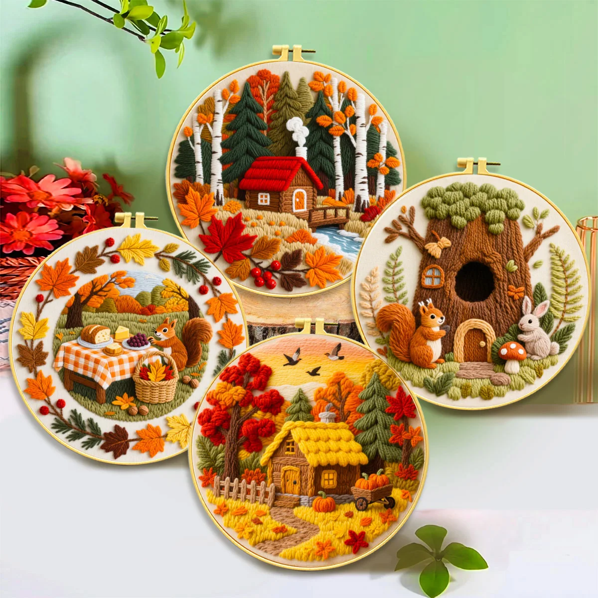Animal Flowers Warm Season Punch Needle Embroidery Kit for Beginners Sewing Autumn  Christmas Gift Home Decoration Painting