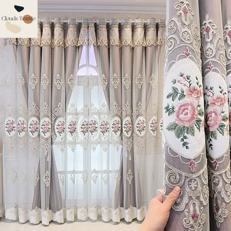

European Style Luxurious Embroidery Curtains for Living Dining Room Bedroom Double Layer Thickened Shading Fabric and Yarn