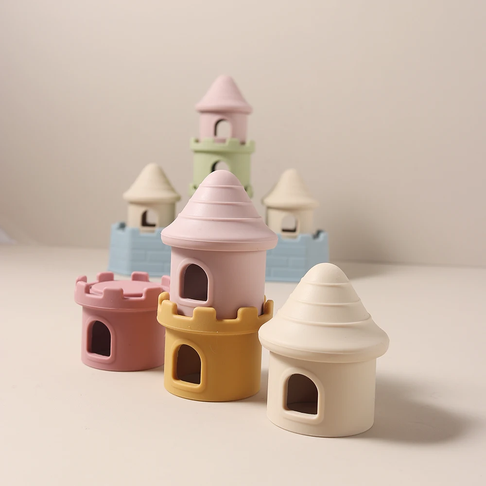 8 pçs/set brinquedos de dentição do bebê-conjunto de blocos de construção de castelo de silicone, acalmar gengivas doloridas, empilhador sensorial mastigável livre de bpa