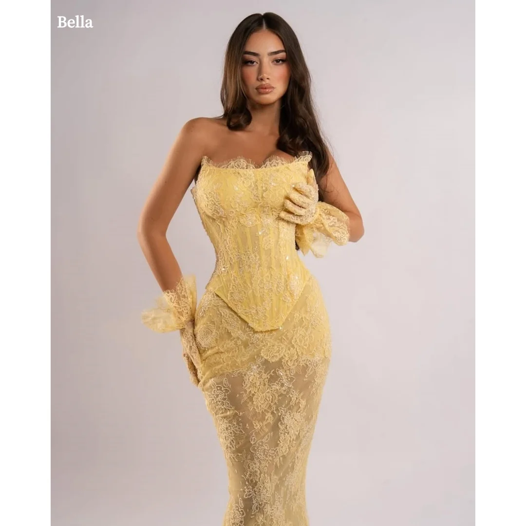 

Bella Customized Yellow Gloves Mermaid robes de soirée Strapless Backless Sleeveless Party Dresses Floor-Length Prom Dress 2025