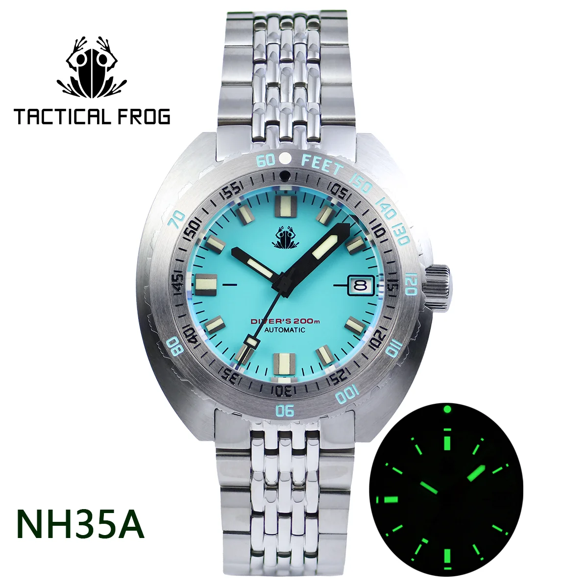Tactical Frog Men Automatic Diver Watch NH35A Mechanical 200M Waterproof 316L Steel Cushion Case Beads of Rice Band Luminous
