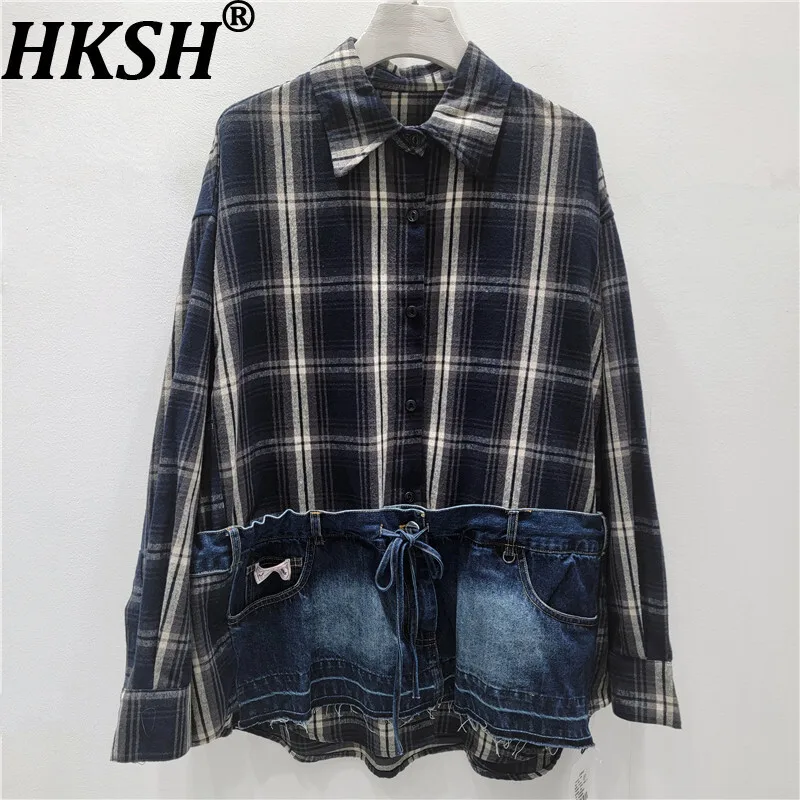 

HKSH Весенне-Осенняя новая женская рубашка в клетку в стиле пэчворк, джинсовая однобортная блузка с длинными рукавами и длинными рукавами Y2k Ins, повседневная блузка HK14137