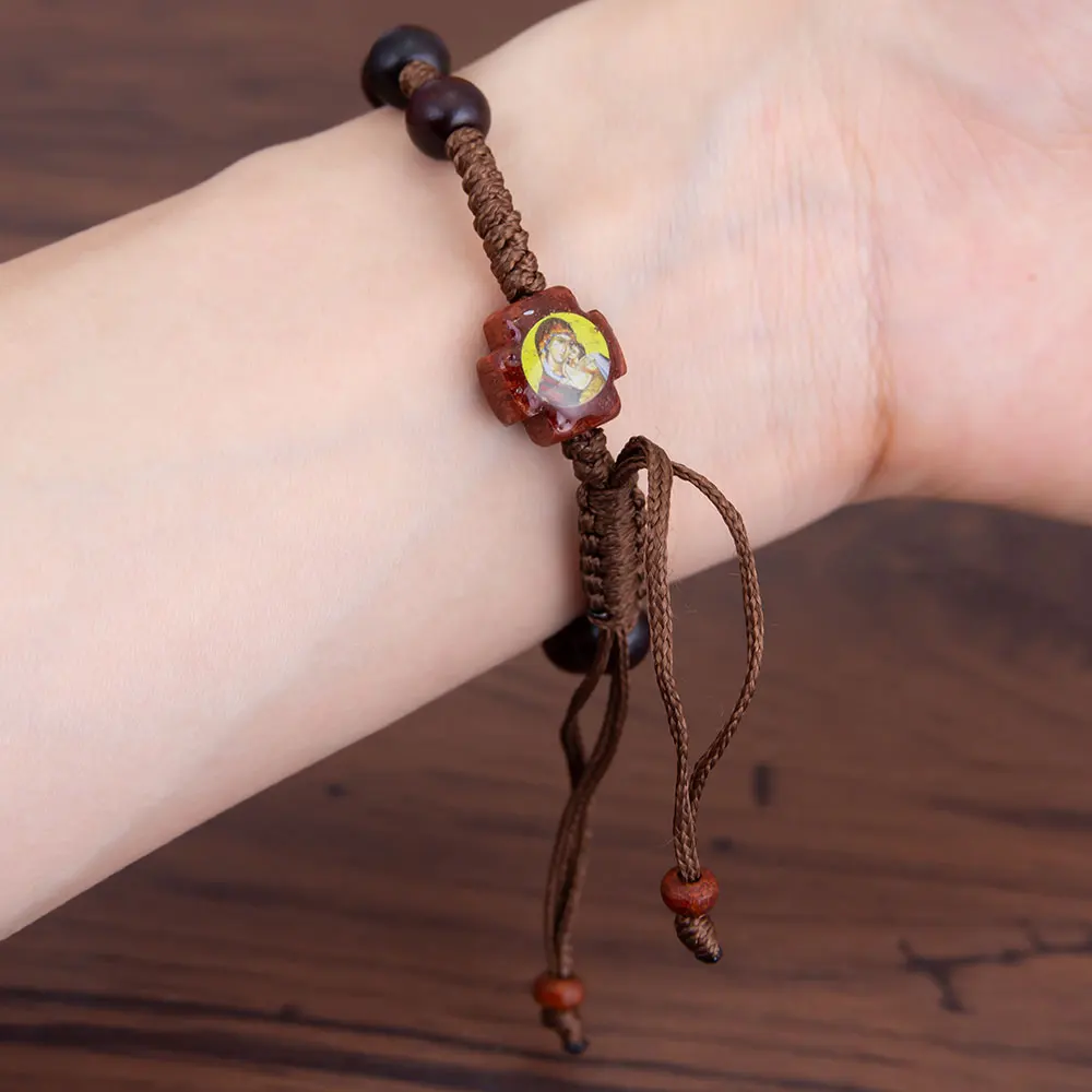 HTISOK Handgefertigtes Holz-Rosenkranz-Armband mit Jesus- und Maria-Anhängern – Katholischer Andachtsschmuck für Gebete, spirituelle Geschenke – Detail 8