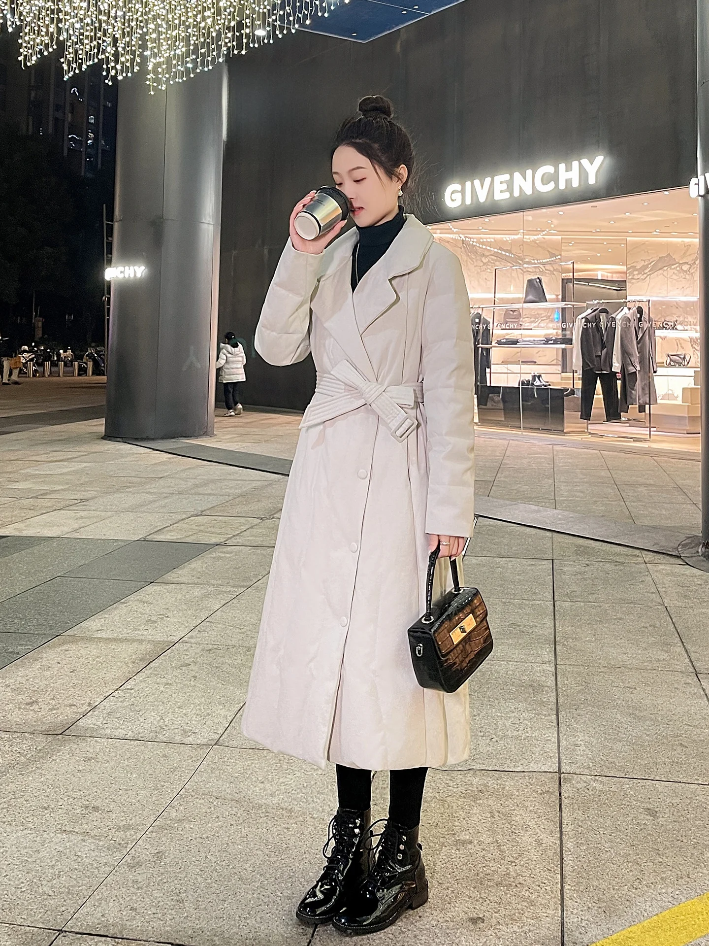 mat White Long down Jaet Women's Winter Coat Suit Collar Waist Cinched Knee-Length Du Feather Outerwear
