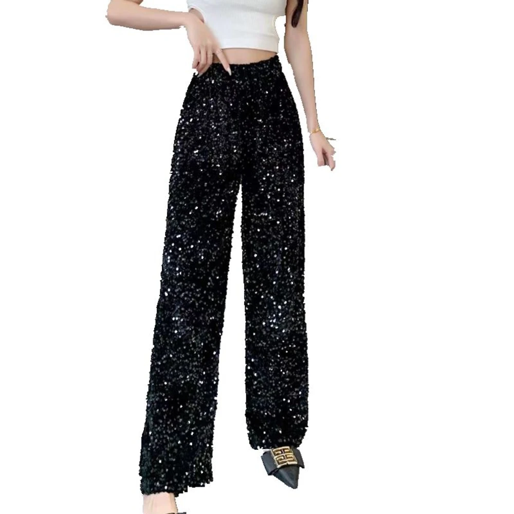 กางเกงขาบานเอวสูงเข้ารูปของผู้หญิงกางเกงปักเลื่อมสไตล์เกาหลีกางเกงยาวถึงพื้น