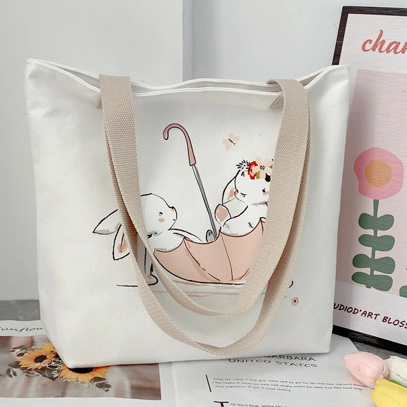 2024 Nowa damska torebka na ramię Cute Rabbit Canvas Bag Large Capacity Carry Book Bag Student Tuition Tote Shoulder Bag Gift