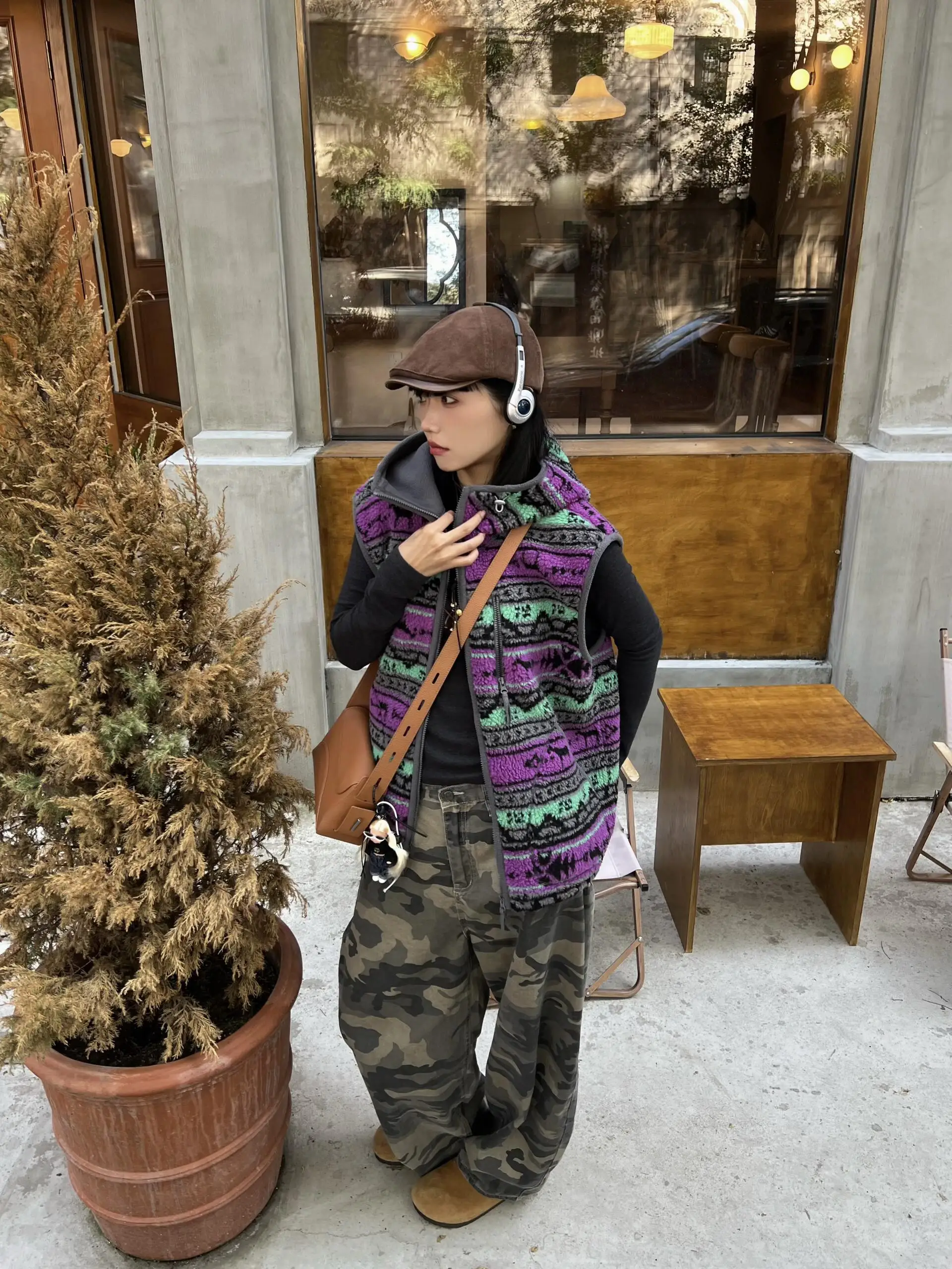 Gilet in Pelliccia d'Agnello Stile Fair Isle Retrò, Gilet con Cappuccio e Zip per Donna, Autunno Inverno, Giacca Leggera per il Pendolarismo