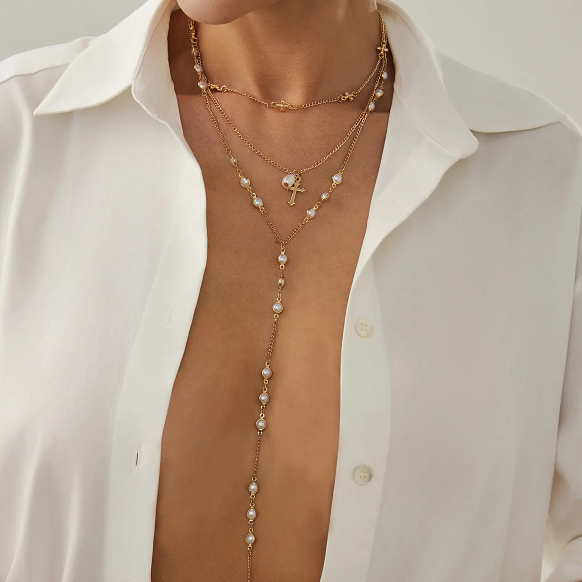 

KunJoe 3Pcs/Set Sexy Imitation Pearl Chest Chain Long Necklace for Women Hip Hop Stackable Jesus Cross Pendant Sweater Chain New
