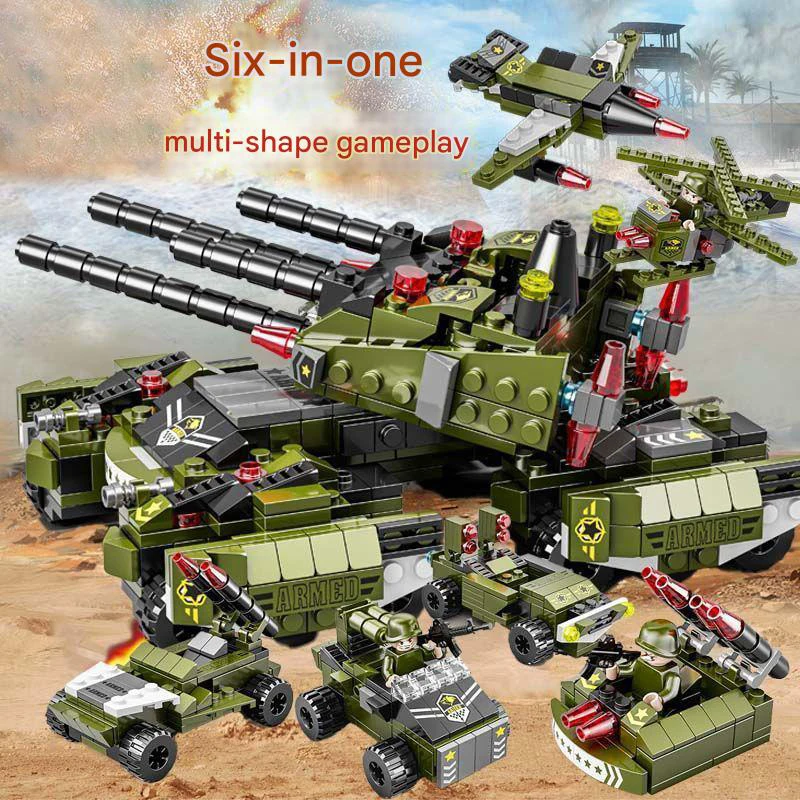 4連砲戦車組み立てブロック、戦車と装甲車両の組み立てセット、6-in-1＆1対1スケールモデル組み立て玩具（子供向け）