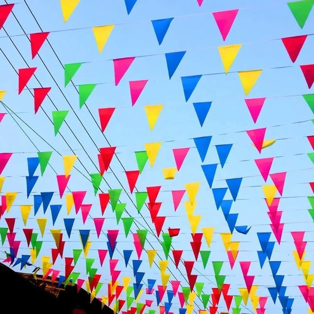 Tela de nailon para Festival al aire libre, banderas triangulares, banderines multicolores, 100M