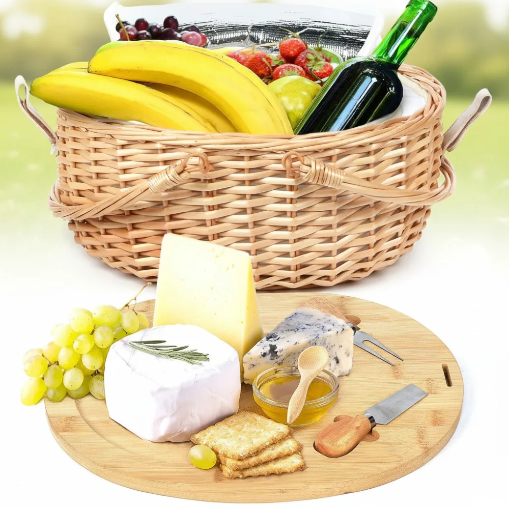 مجموعة سلة نزهة من الخيزران المحمولة مع لوح تقطيع وبطانية - هدية مثالية للأزواج وحفلات الزفاف والنزهات العائلية