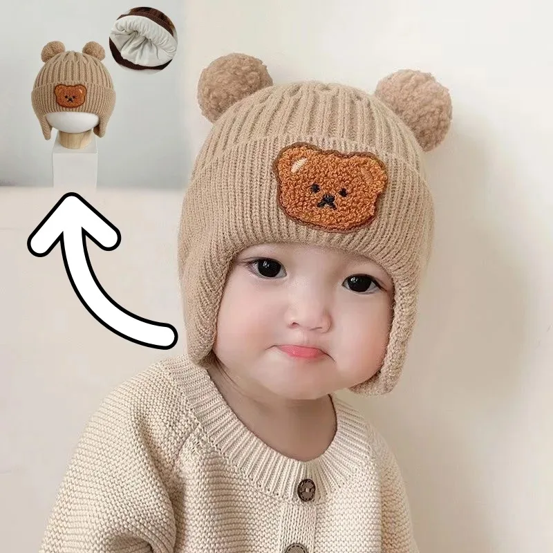 

Cute Baby Bear Hat Knitted Winter Beanie with Ears Warm Thickened Cap for Newborn Infant Kids Korean Style Soft Cozy Headwear