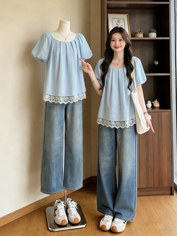

Light Blue Square Collar Short Sleeve Women's Shirt Lace Hem Baby Doll Top Korean Style Commute Fashion Loose Fit Summer New