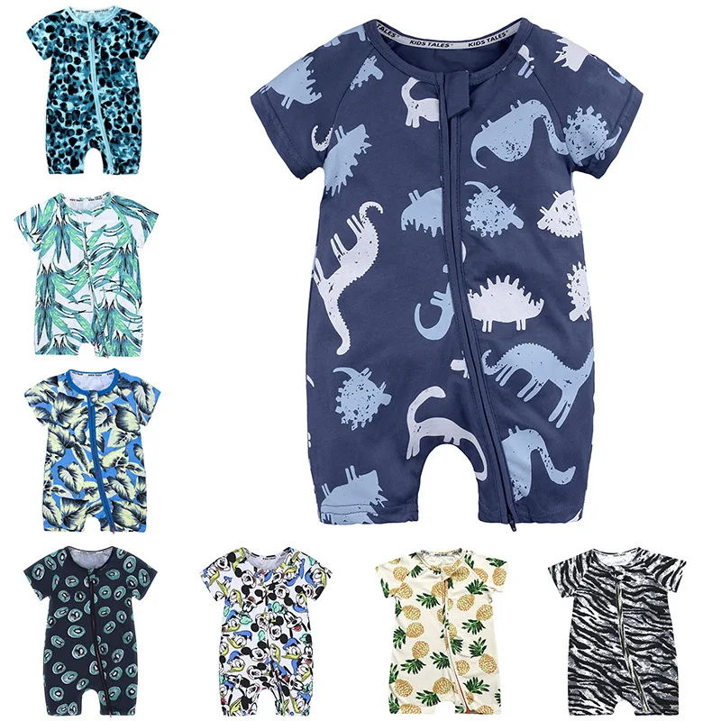 Newborn Baby Boys Girls Cartoon Print Romper Infant Short Sleeve Summer Cotton Bodysuit Infant Double Zipper Jumpsuit Clothes