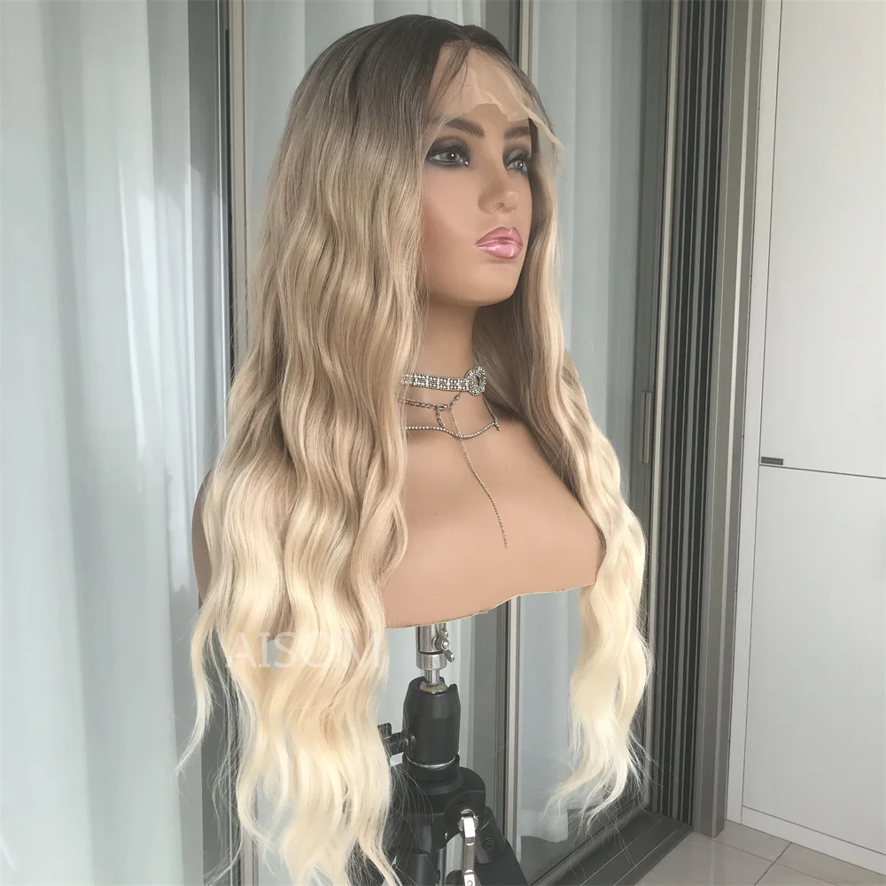 13x4 Lace Front Wig Deep Wave Synthetic Lace Wigs for Women Ombre Blonde Gray Long Wavy Heat Resistant Fiber Wigs Daily Use