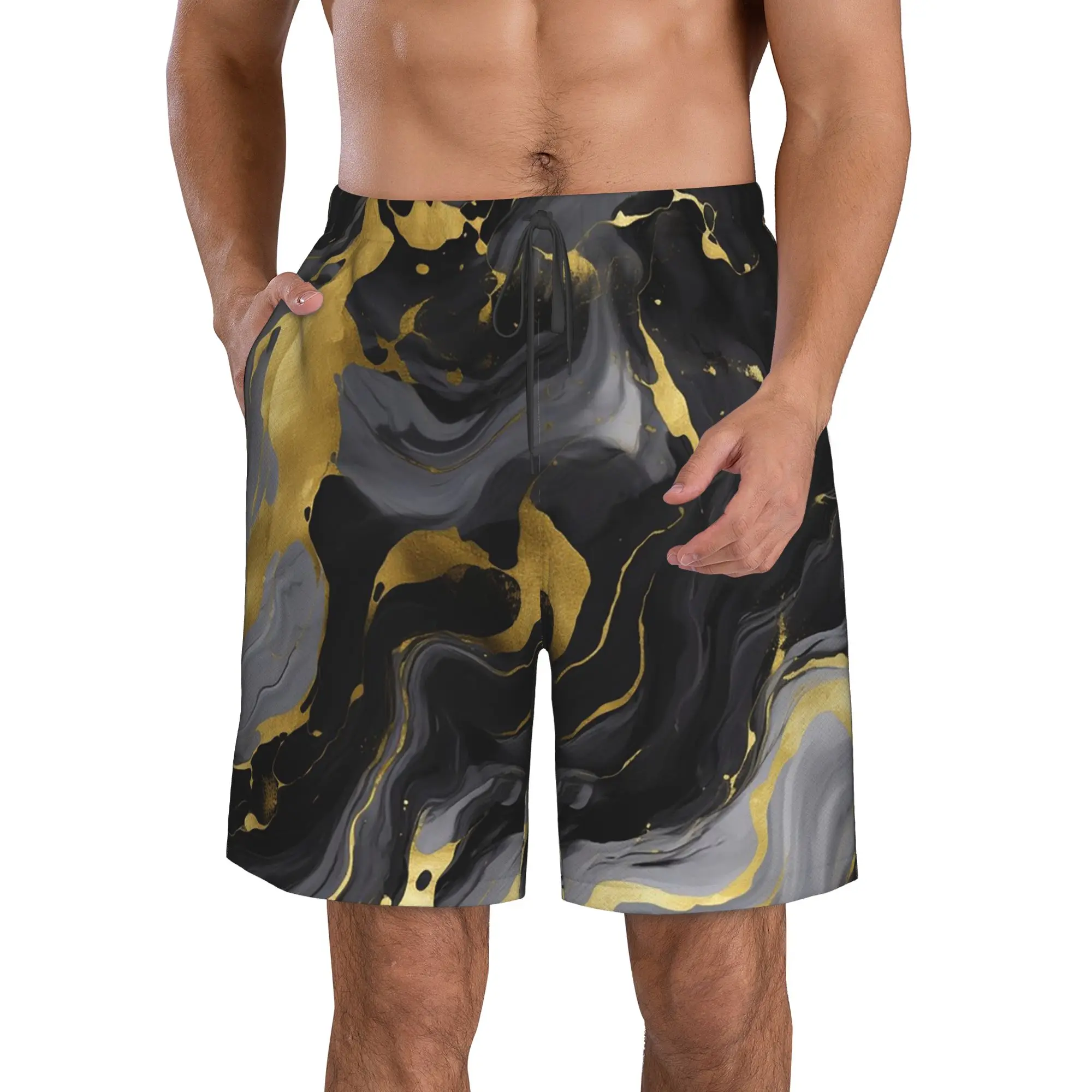 Black Gold Fluid Vortex Liquid Distortion Trunks Beach Board Shorts Casual Quick Dry Swim Summer Men Pants