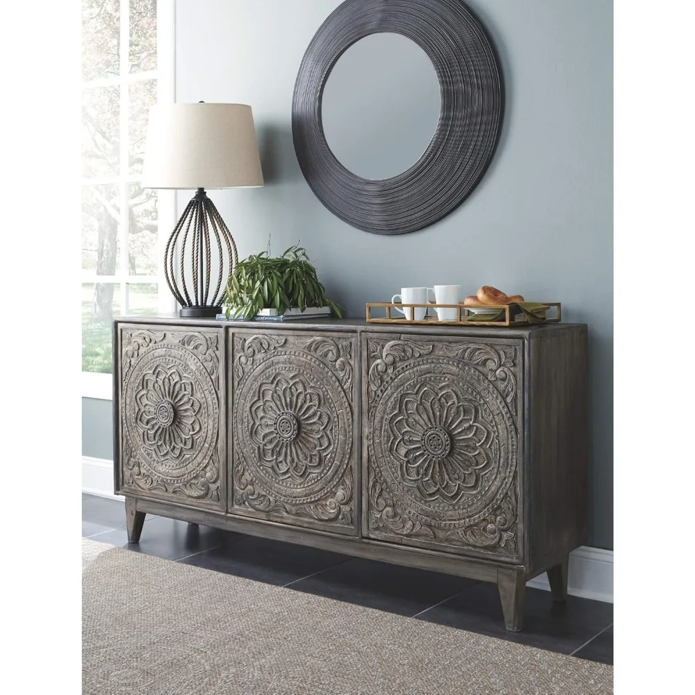 Fair Ridge Boho Hand Carved Wood Accent Cabinet or TV Stand, Dark Gray