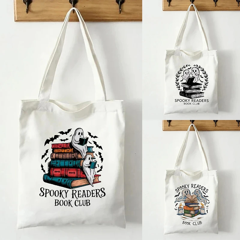 Spooky Readers Book Club Canvas Tote Bag Organizer Ghost Book Lover Print Shoulder Bags Fun Handbag Large Capacity Shopping Bag