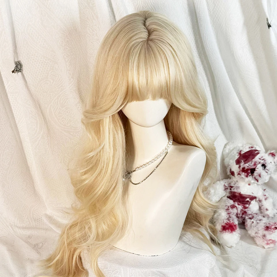 

Synthetic Long Blonde Wavy Wigs with Bangs Lolita Cosplay Halloween Natural Wave Hair Wigs for Women Daily Party Use Heat Resist