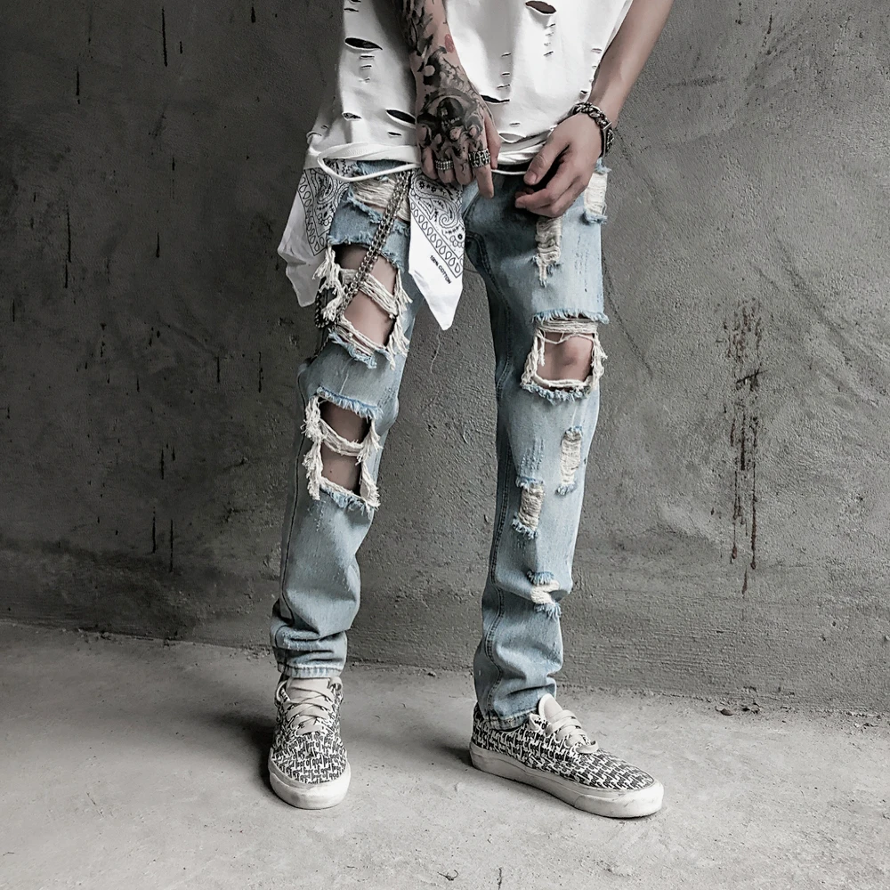 Summer high street big ripped jeans men's high street beggars trend retro wash to do old light colored slim small feet pants