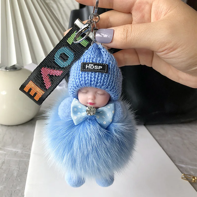 Lovely Sleepy Baby With Pretty Smooth Fox Fur Bag Chain Key Ring K011