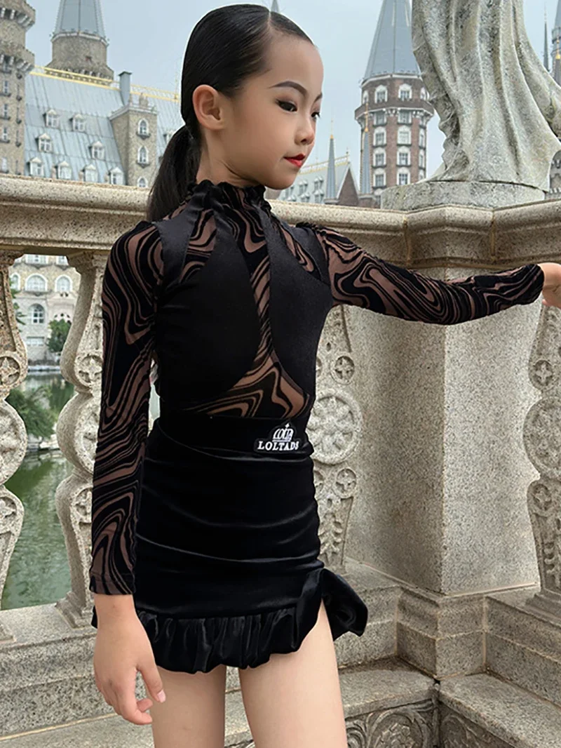 Velvet Lolita Children Professional Latin Dancewear Swing Skirt Kid Girl Flower Print Suit Ballroom Dancing Rumba Chacha Costume