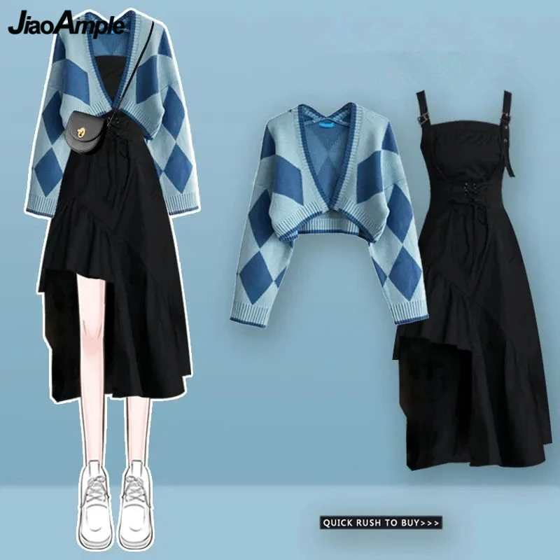 

Spring Summer Fashion Women's Clothing Thin Blue Plaid Cardigan Sweater Irregular Tank Dress Two Piece Set 2023 Outfits Female