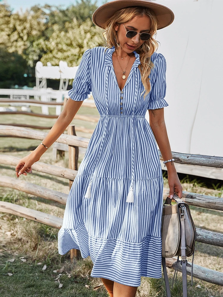 Women\'s Causal Striped Tassel Medium Long Dress V Neck Button Short Sleeve Spring Summer Dress