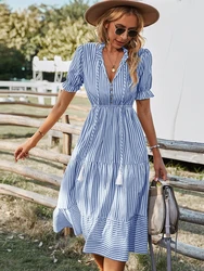 Women's Causal Striped Tassel Medium Long Dress V Neck Button Short Sleeve Spring Summer Dress