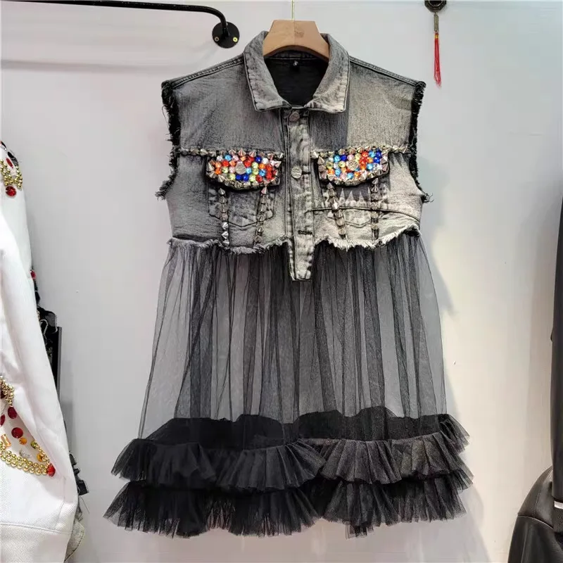 

Vest Coat Women Denim Mesh Patchwork Ruffles Vintage Sleeveless Jacket Turn Down Collar Waistcoat Streetwear Summer 2026