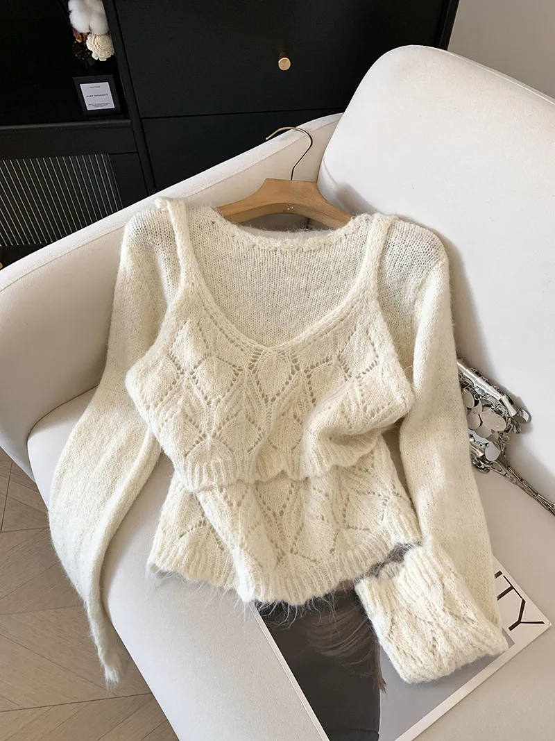 Свободный полый вязаный свитер в ленивом стиле, комплект из двух предметов, топ для женщин, новинка осени/зимы 2025 г.